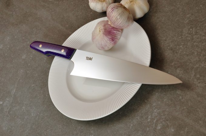 Sunn Gyuto 215 - Purple Honeycomb with Green & Purple G10 - Image 10