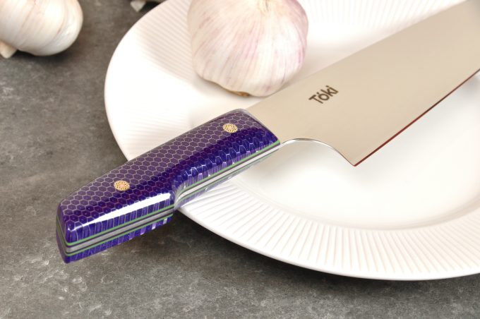 Sunn Gyuto 215 - Purple Honeycomb with Green & Purple G10 - Image 12