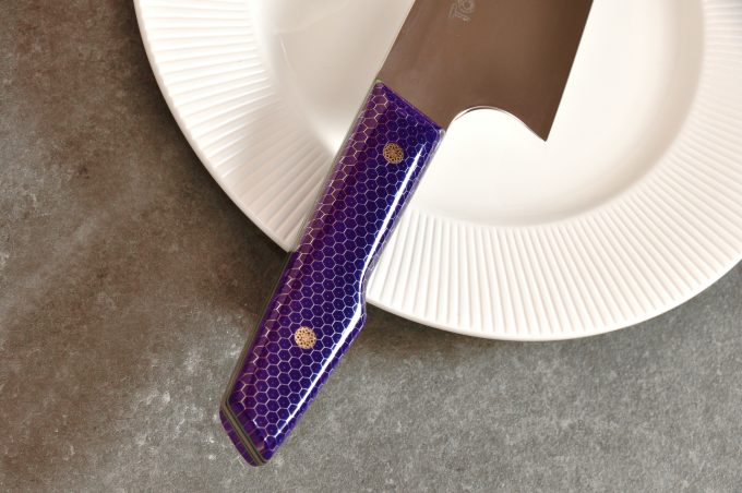 Sunn Gyuto 215 - Purple Honeycomb with Green & Purple G10 - Image 9