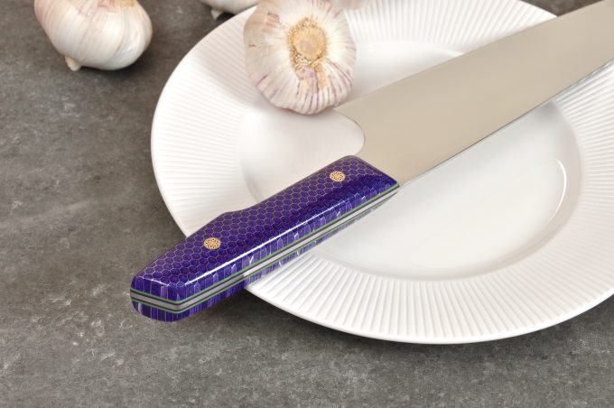 Sunn Gyuto 215 - Purple Honeycomb with Green & Purple G10 - Image 6